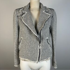 Rebecca Taylor Grey Tweed Moto Jacket - Frayed Edges & Leather Trim Sz 12